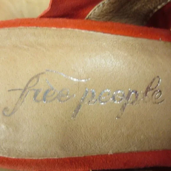 FREE PEOPLE Rosie Ruffle Heels Sz 38 Red Orange Slip On Slide Sandals Block Heel - Picture 7 of 12